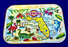 VINTAGE  FLORIDA STATE MAP SOUVENIR TRAY WOVEN BAMBOO TROPICAL IMAGES LANDMARKS picture