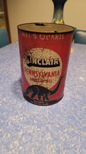 Vintage Sinclair Pennsylvania Motor Oil 5 Quart Qt Metal Red Can Black Dino picture