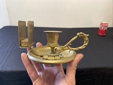 Antique 19th Century Brass Chamberstick Candle & Matchbox Holder, Lions Head picture