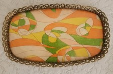 Vtg MCM Serving/Vanity Tray W/abstract Laminate In Ornate Pierced Metal 14 X8.5