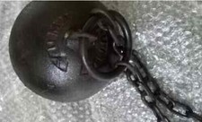 Antique Leavenworth Ball Chain Kansas Cast iron Prison Shackles Cuffs Ball key picture