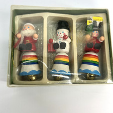 Vintage Wooden Christmas Bell Ornaments Set 3 Rainbow Santa Snowman Soldier Box picture