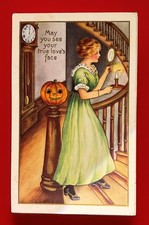 HALLOWEEN Girl Walking Backwards Down Stairs w/ Mirror vintage Whitney Postcard picture