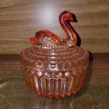 Vintage Jeannette Glass Company swan powder jar and lipstick holder, Glows in uv picture