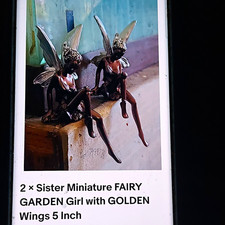 2x Sister Miniature Fairy Garden Girl Figurines Golden Wings 5 Inch Fantasy picture