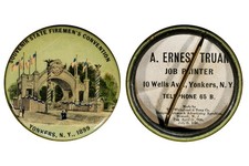 Antique Celluloid Pinback SOUVENIR STATE FIREMEN’S CONVENTION YONKERS, N.Y. 1899 picture