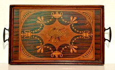 Antique English Edwardian Marquetry Inlay Wooden Tray With Brass Handles 13x21