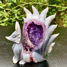 1.4LB Natural Agate Geode Hand Carved Nine-tailed Fox Quartz Crystal Decor picture