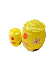 Vintage Bartlett Collins Glass Cookie Jar Hand Painted Yellow MCM Flowers Fruit picture