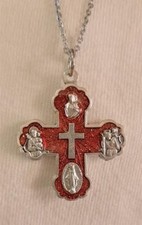 Glittery Red Finished 4-Way Truncated Scapular Cross Medal Silvertone Necklace picture