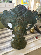 Unmarked Art Nouveau Metal Vase Green/Gold Floral Relief Flared Antique Finish picture