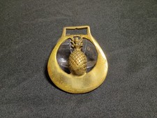 vintage solid brass horse brass medallion with a pineapple in the center picture