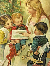 Christmas Postcard Angel Reads Book Children Gather Around Sit on Lap Hold Toys picture