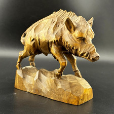 Vintage Hand-Carved Wood Wild Boar Figurine Brown Natural Finish Sculpture 4” picture
