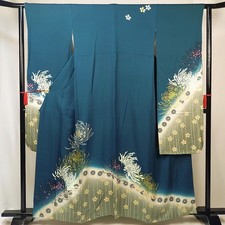 RARE Deep Green Silk Furisode – Ombre Kiku Chrysanthemum Floral Kimono picture