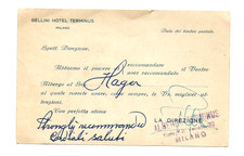 Rare 1910s Bellini Hotel Terminus Milano Recommendation Card to Genova Italy picture