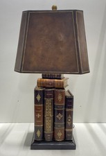 Vintage Stacked Books Table Lamp Faux Leather Shade Library Style Tested picture