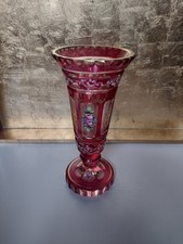 Antique Moser Bohemian Glass Gold Ruby Vase Hand Painted Floral Pedestal 8.5