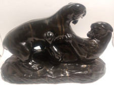 Vintage MCM Glazed Ceramic Fighting Black Panthers Lamp Sculpture 16