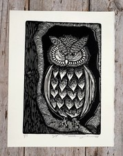 Wise Old Owl Woodcut Print Handmade & Hand Printed Un-Framed Mexican Folk Art Lg picture