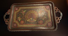 Vintage Hand-Etched &  Hand Painted Brass Peacock Tray India 1960’s Boho picture