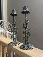 Vintage MCM Brass BRUTALIST CANDLE HOLDERS Verdigris ISRAEL  10” picture
