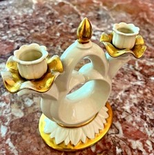 VINTAGE NEUTETTAU PORCELAIN TWO CANDLE HOLDER GOLD TRIM MID XX CENTURY GERMANY picture