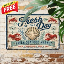Fresh Seafood Crawfish Lobster Sign Retro Coastal Restaurant Metal Wall Decor picture
