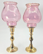 Set of 2 Vtg Dessau Solid Brass Candlesticks Pink Glass Hurricane Votive Holders picture
