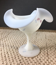 Fenton Floral Satin Glass Ruffle Pedestal Compote Hand Painted Signed J Stevens picture