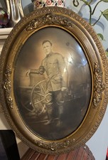 Antique Oval Portrait WWI Military Soldier Wood Frame Bubble Glass Artillery picture