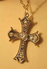 Lovely Deep Set Metal Beaded Rhinestone Cross Pendant Antiqued Goldtone Necklace picture