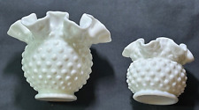 2- FENTON White Milk Glass Double Ruffle Hobnail ROSE BOWLS, 3” and 4-1/4” Tall. picture
