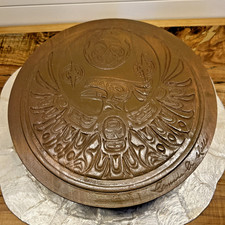 Vtg Clarence A. Wells Hand Carved Round Drum Box Haida Thunderbird Signed 10