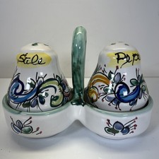 Vintage Deruta Salt and Pepper Shaker Pottery Set with Holder. Missing Stoppers picture