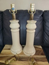 Vintage Hollywood Regency Ceramic Column Pair Table Lamps Cream & Gold Set MCM picture