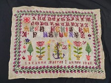 Vintage 1881 Needlework Sampler Alphabet Anchor Flowers Handmade French Textile picture