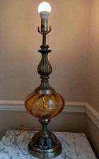Vintage Table Lamp Amber Glass Swerl Industries Hollywood 1970s bass brass cast picture
