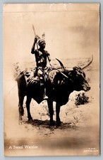 Postcard A Swazi Warrior On An Ox Steer Bull Arrowhead Speer Real Photo RPPC picture