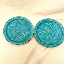 Homer Laughlin Fiesta 1940 NY World's Fair American Potter Turquoise Plates Pair picture