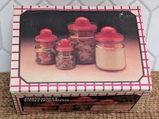 Vintage Emsa Setof4 Containers ~White Knob Plastic Lid W/ Brown Plastic Bottoms picture