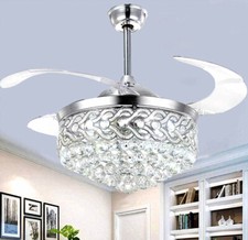 Elegant Sliver Crystal LED Chandelier Remote Invisible Blade Ceiling Fan Light picture