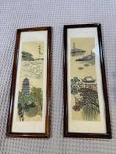 Vintage Chinese Pagoda Landscape Prints Framed Pair Wall Art Mid Century Decor picture