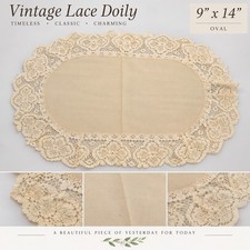 Vintage Oval Lace Doily 9x14 Ivory Cream Ruffled Floral Lace Cottagecore picture