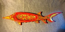 Vintage Russian Khokhloma Sturgeon Fish Wood Serving Tray Platter Folk Art picture