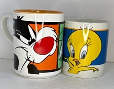 Vtg 2000 Looney Tunes Mugs Set Sylvester Tweety Bird Pop Art Ceramic Coffee Cups picture