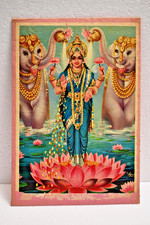 Vintage Gaja Lakshmi Hindu Goddess Lithograph Print Elephant Lotus Art 15x10 