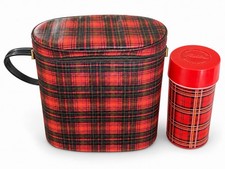 Vintage Aladdin Red Plaid Lunch Box w/ Thermos 1960s Tartan School Lunch Kit picture