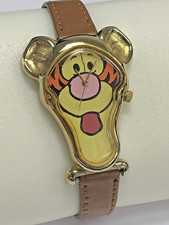 Vintage 1990s Timex Disney Pooh Tigger Head Watch Leather Band Gold Tone Working picture