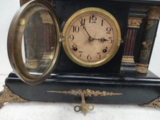 ANTIQUE VICTORIAN 1880 - 1900 BLACK GOLD MARBLE WATERBURY MANTLE CLOCK 8 - DAY picture